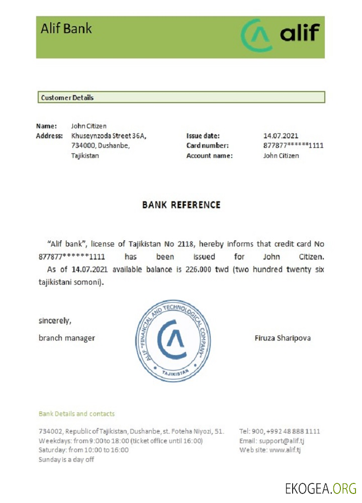 Tadjikistan , Alif bank , reference